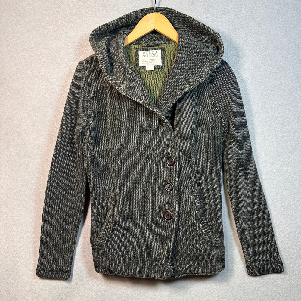 Billabong Womens Hooded Button Front Knit Cardigan Jacket Grey Green Size M